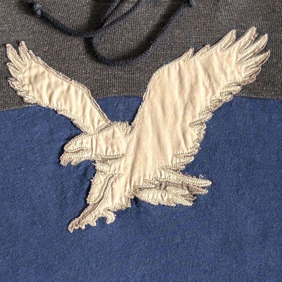 American Eagle Mens S Big Eagle Logo Thermal Long Sleeve Hoodie Henley Blue Gray - Picture 2 of 12